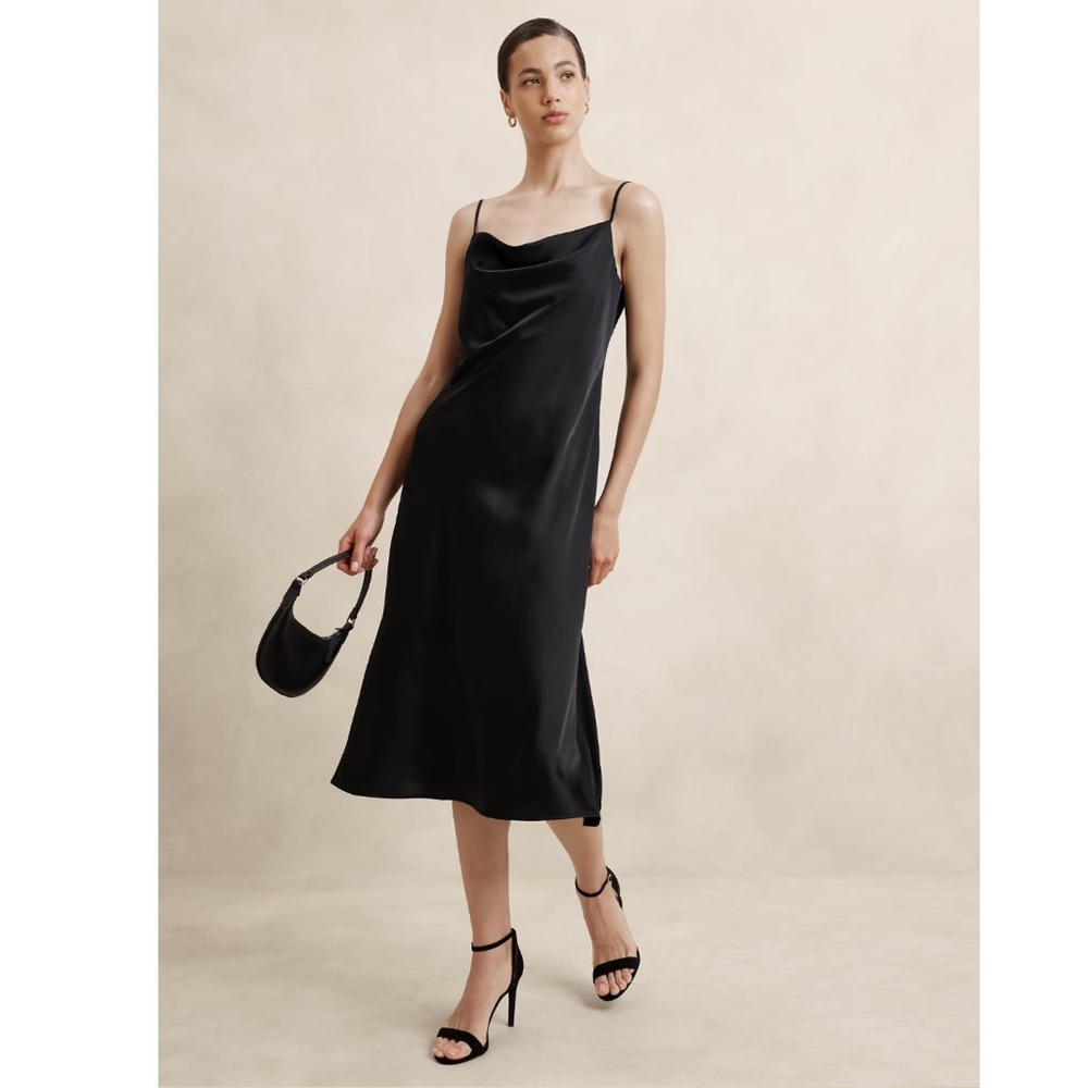 NWT! Banana Republic Black Satin Cowl Neck Midi Slip Dress‎ IT#BR2